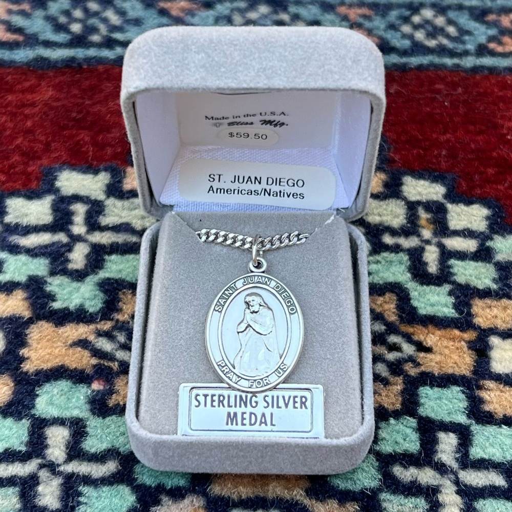 St. Juan Diego Sterling Silver Oval Religious Medal Necklace Heavy Chain